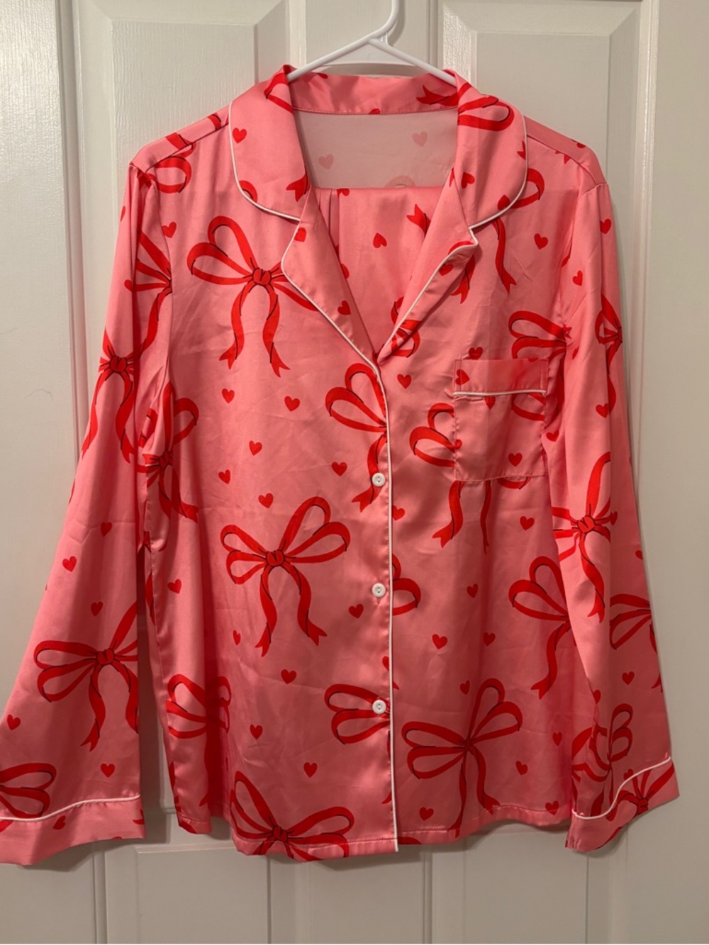Cupshe Pink Satin Bow-Print Long-Sleeve Pajama Set (shirt and matching pants)